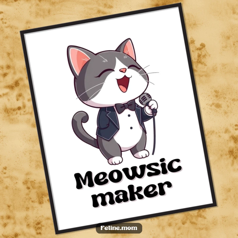 Funny Digital Art Print: A tuxedo cat wearing a microphone, captured mid-performance with flair.