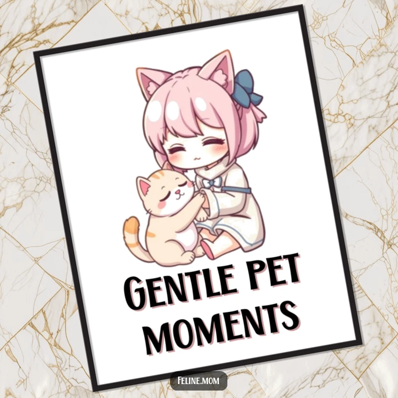 Funny Kawaii cat lady character gently petting a purring cat, offered as a downloadable digital art print for easy home decor.