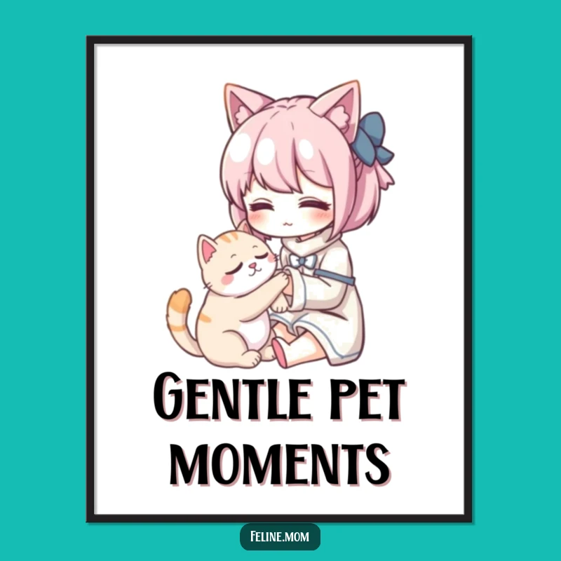 Funny Kawaii Cat Lady Digital Art: Instant Download of Gentle Cat Petting Scene