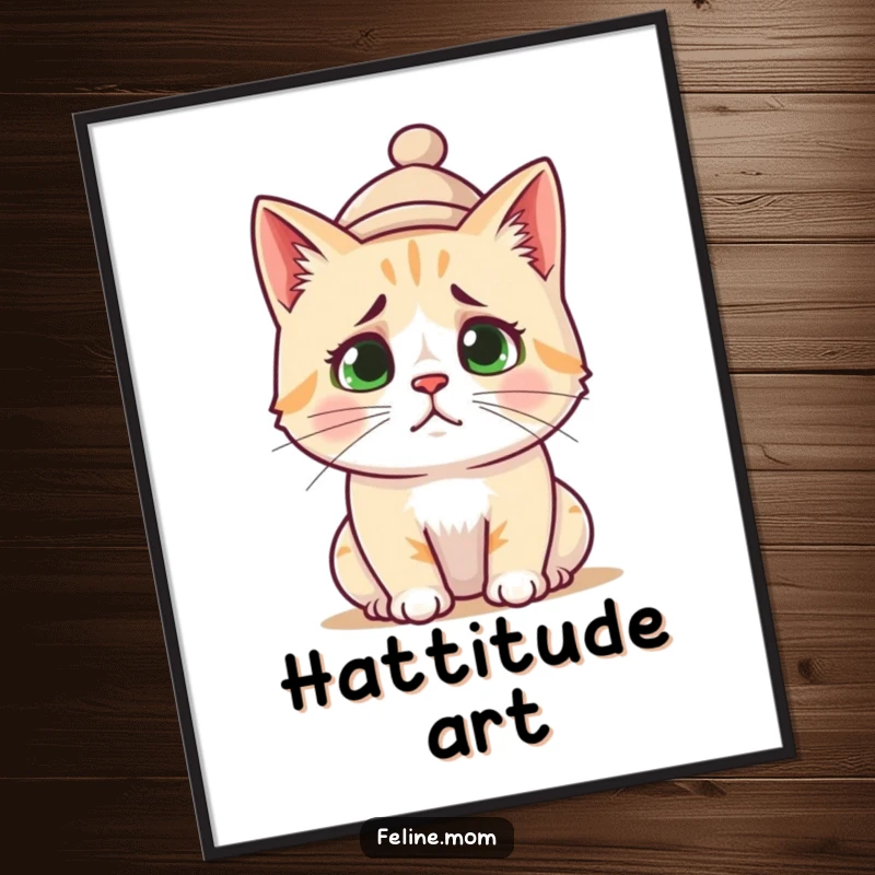 Funny Digital Art Print: A confused cat wearing a small hat, looking adorably puzzled.