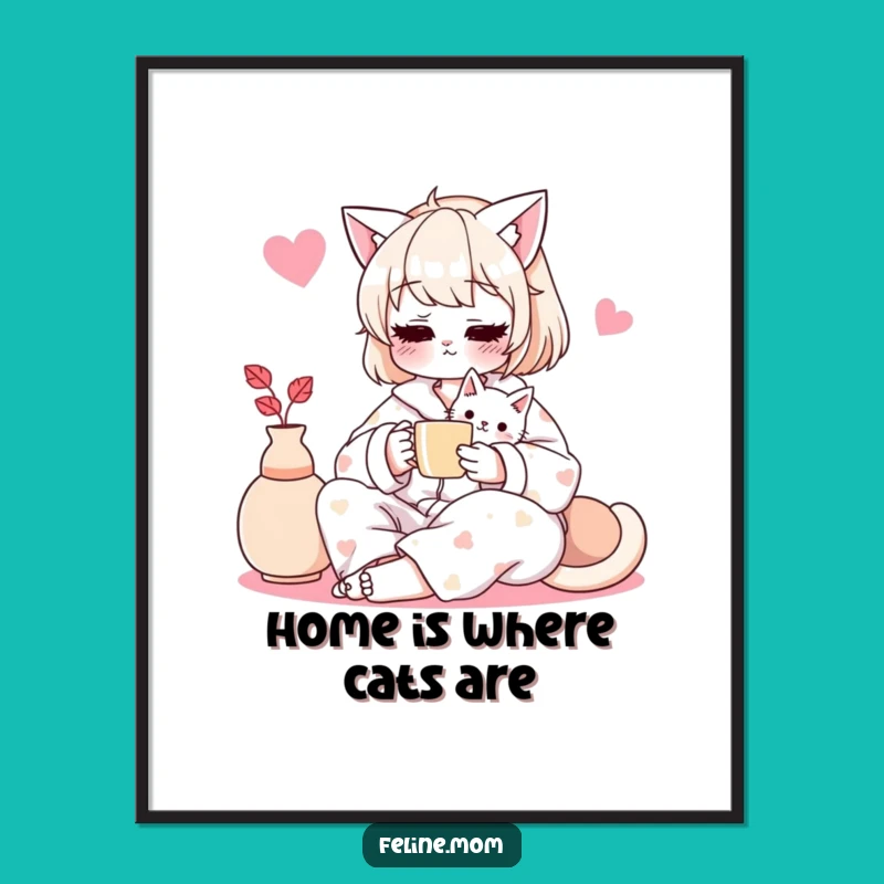 Funny Cat Lady Digital Print: Cozy Pajama Tea Time Scene, Instant Download Gift