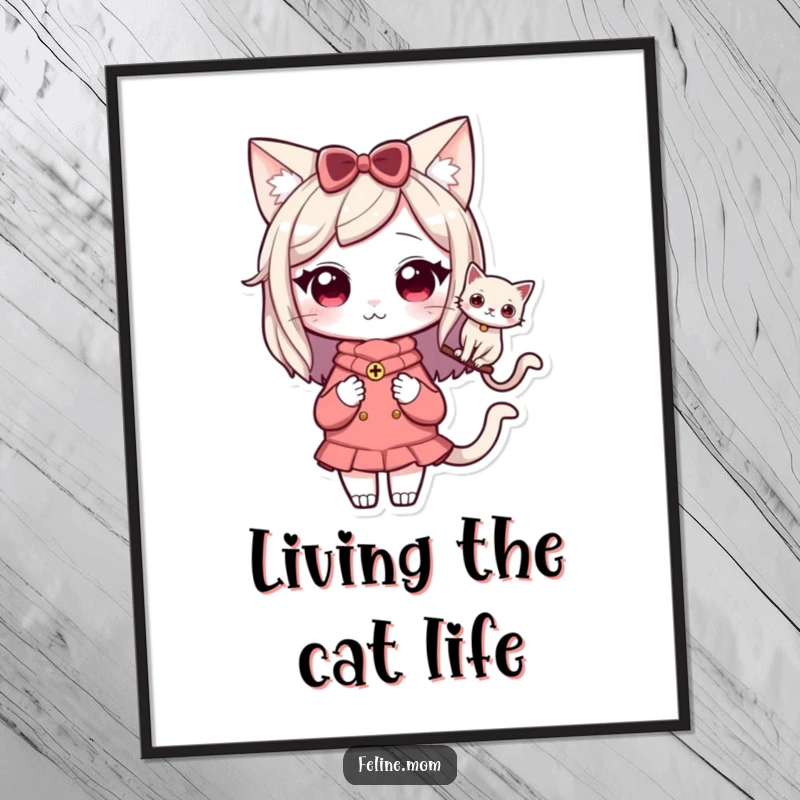 Funny Kawaii Cat Lady Digital Art showing a cute character with a cat perched on her shoulder, perfect for companion-themed decor.