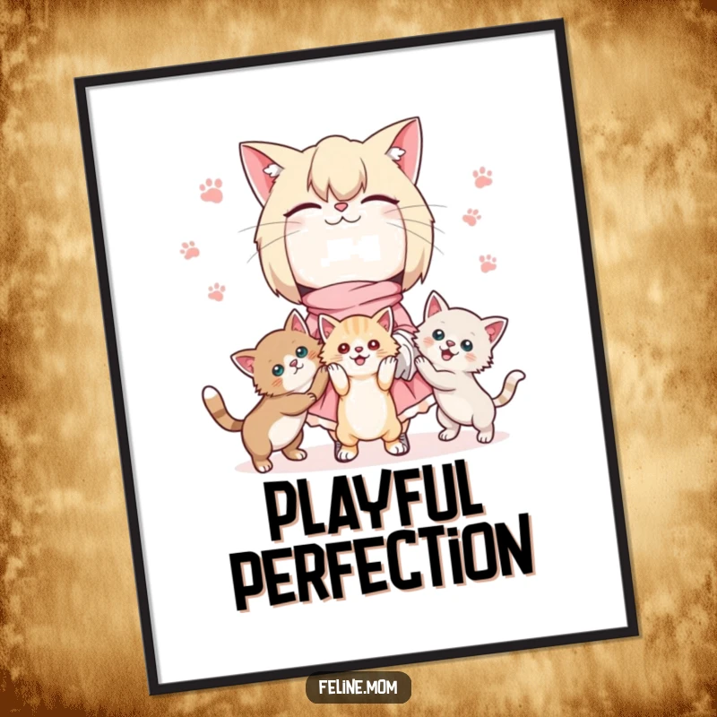 Kawaii cat lady digital art print of a cute character joyfully juggling three playful kittens, radiating maximum feline charm.