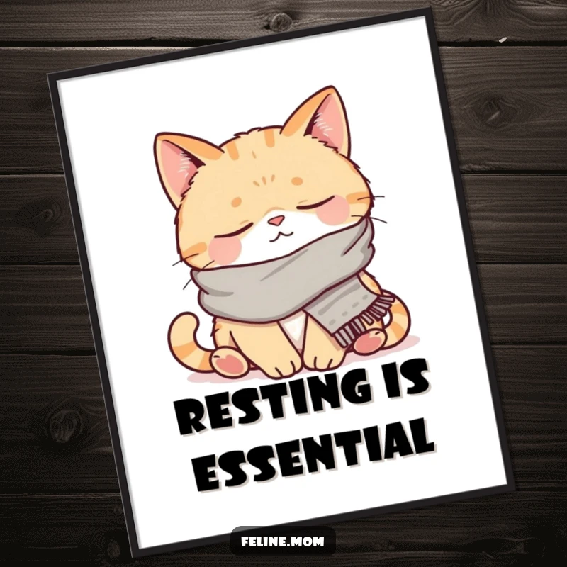 Funny digital art print of a cat wearing a scarf, peacefully napping. High-resolution printable decor that brings instant humor and coziness.