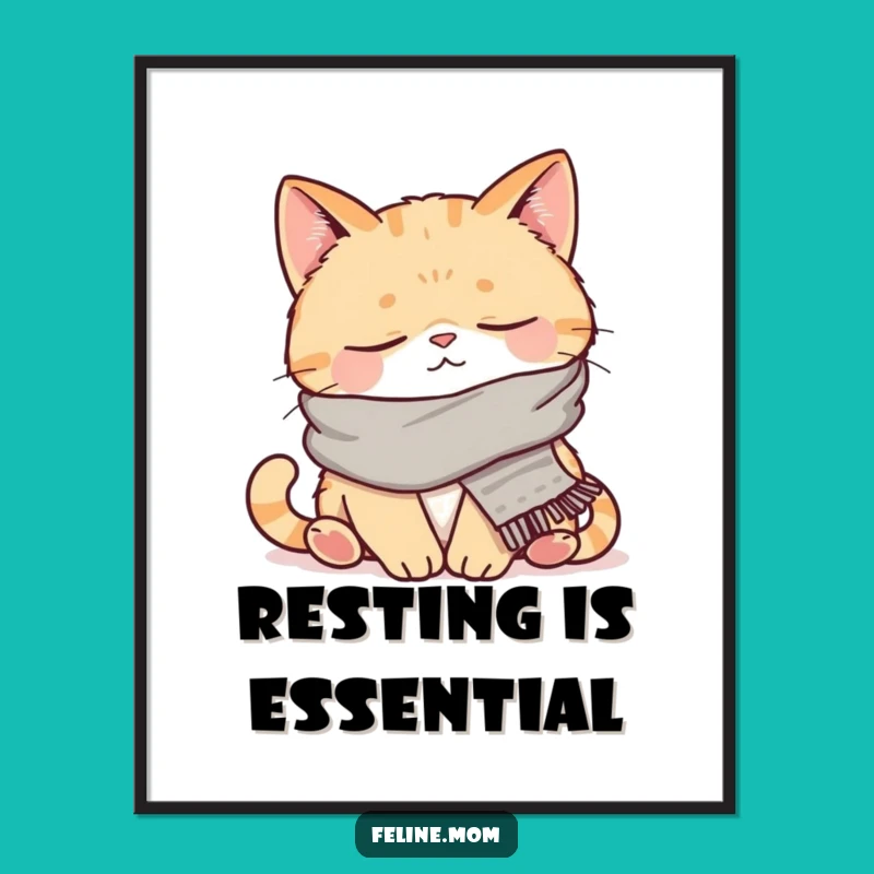 Funny Napping Cat Digital Art: Cozy Scarved Feline Printable, Instant Humorous Decor