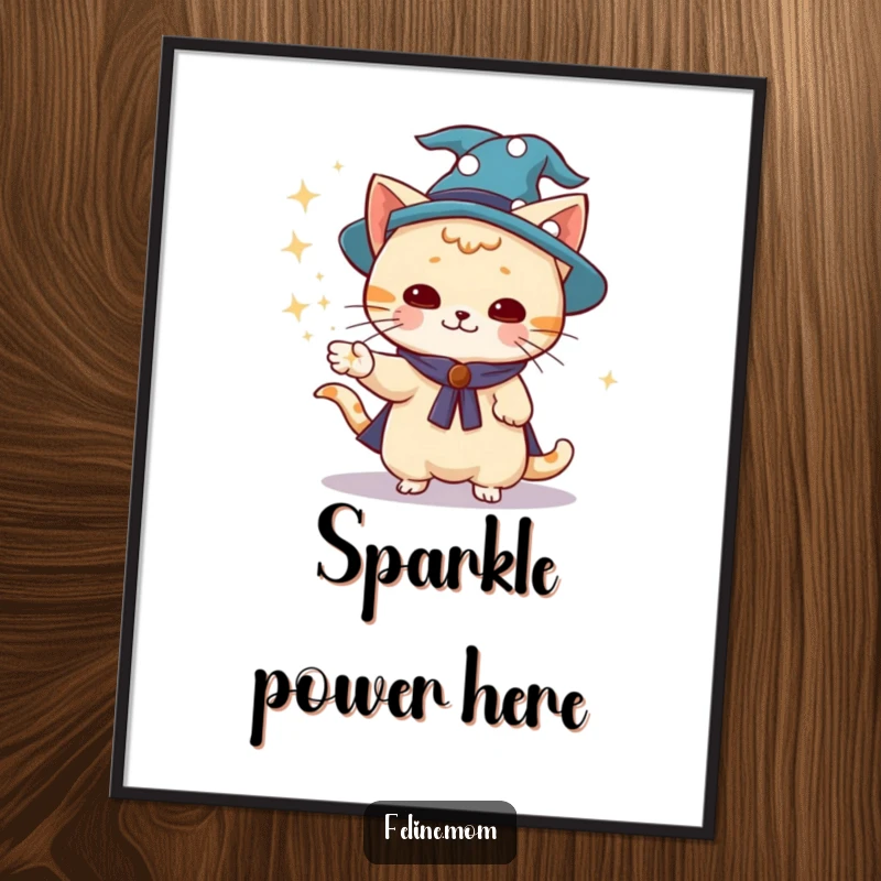 Funny wizard cat in a wizard hat, conjuring sparkling dust, digital art print, whimsical, magical, funny gift.