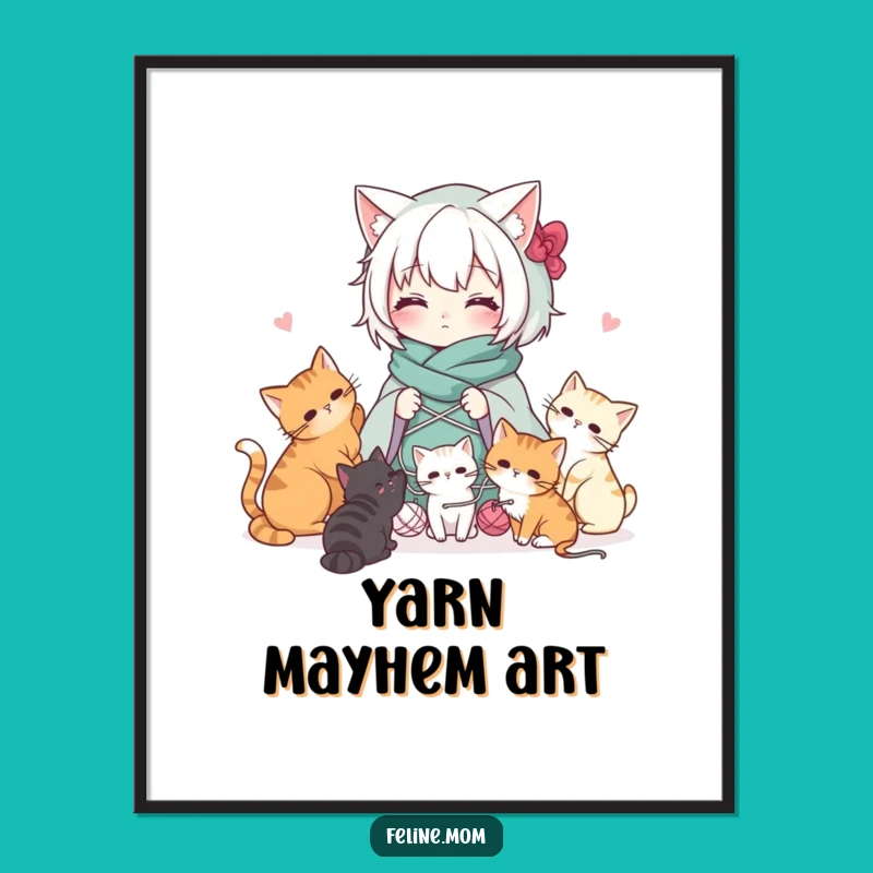 Funny Kawaii Cat Lady Digital Art: Instant Download of Yarn and Cat Chaos