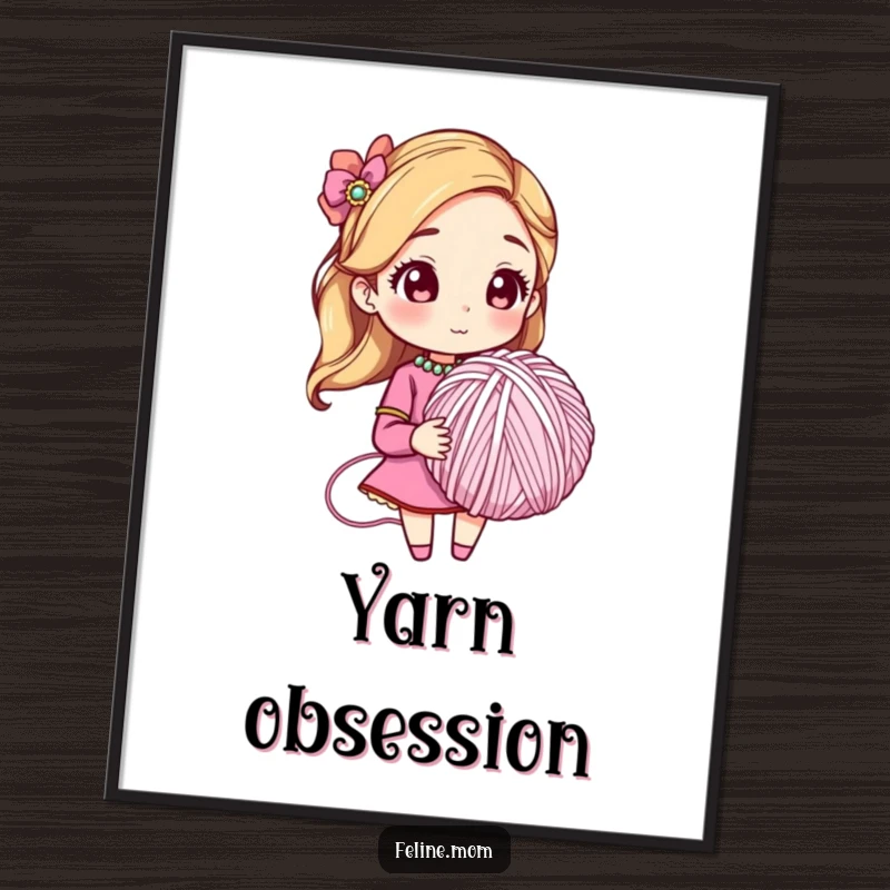 Funny digital art print of a woman in a jeweled collar with a giant yarn ball, capturing playful feline spirit. Instant humorous decor.