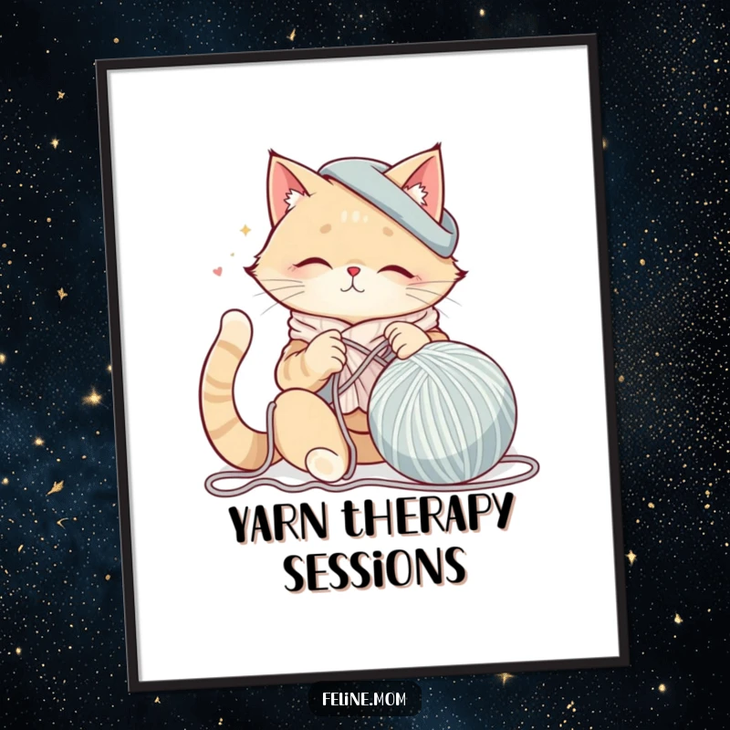 Funny cat lady art print depicting her happily knitting a giant ball of yarn, available for instant download, adding humor and creativity.