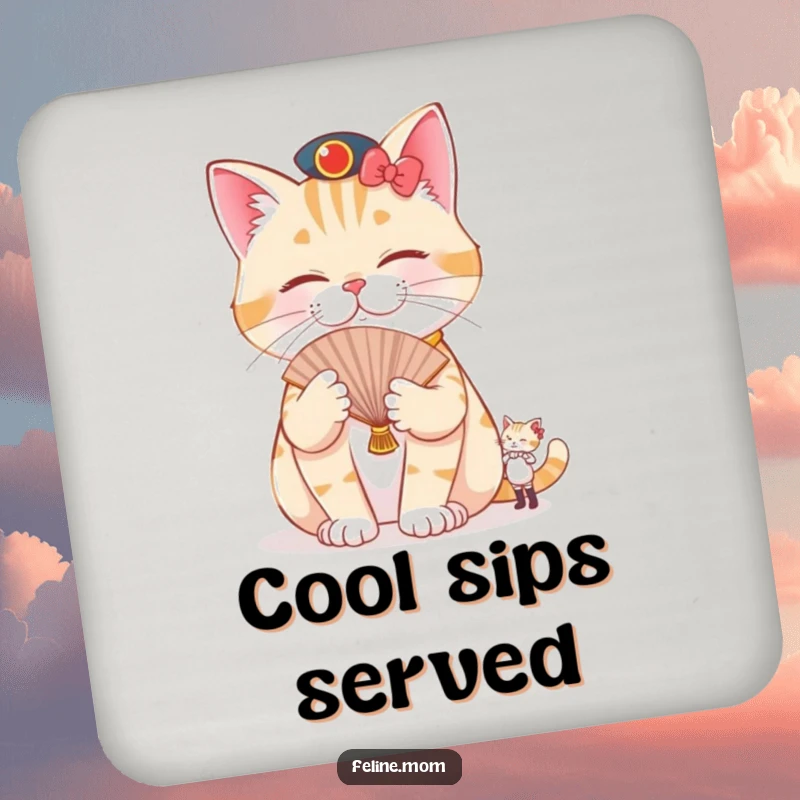 Funny pampered cat coaster featuring a cat being fanned by a tiny attendant, adding hilarious luxury while protecting surfaces.