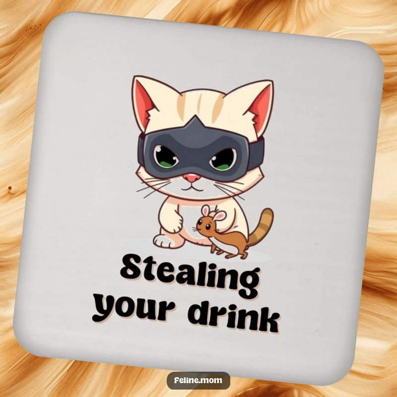 Funny drink coaster featuring a mischievous cat bandit in a mask, guarding a drink, perfect for protection.