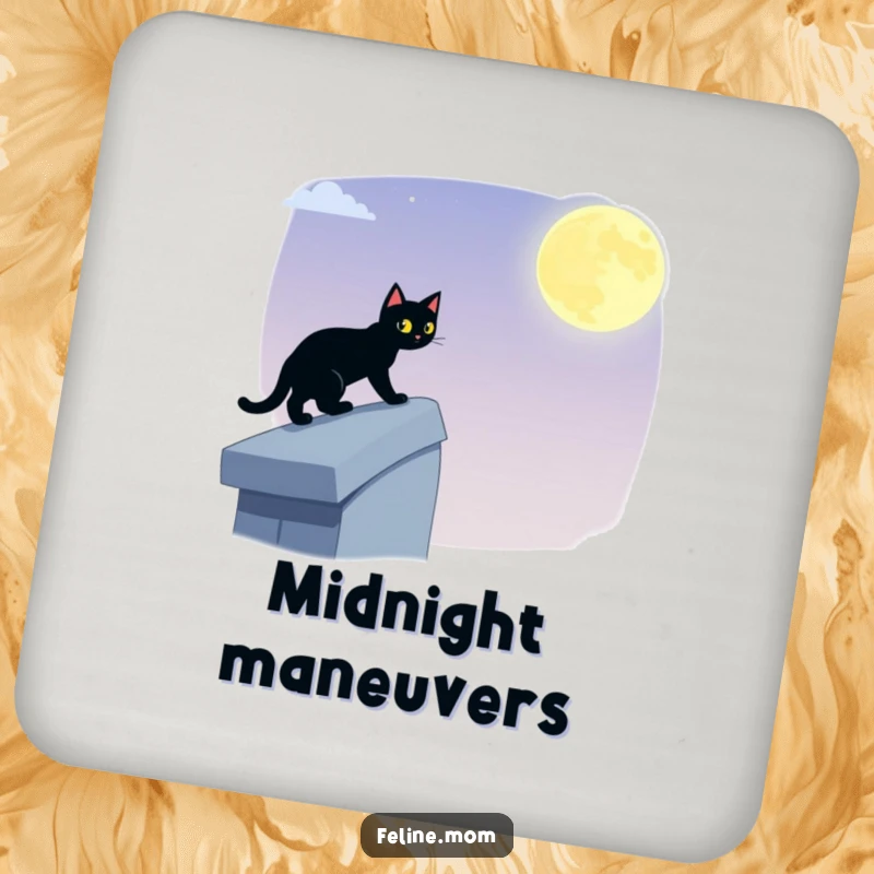 Funny black cat coaster featuring a stealthy feline tiptoeing across a moonlit rooftop, protecting surfaces with hilarious, silent elegance.