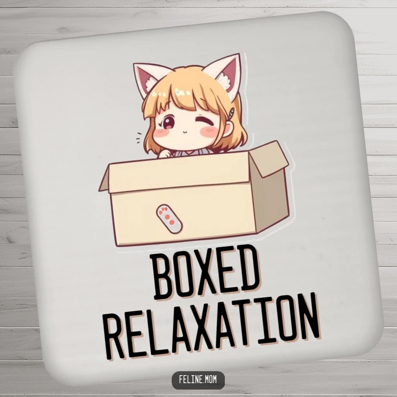 Funny drink coaster set with a woman sitting contentedly in a cardboard box, looking happy. A humorous accessory.