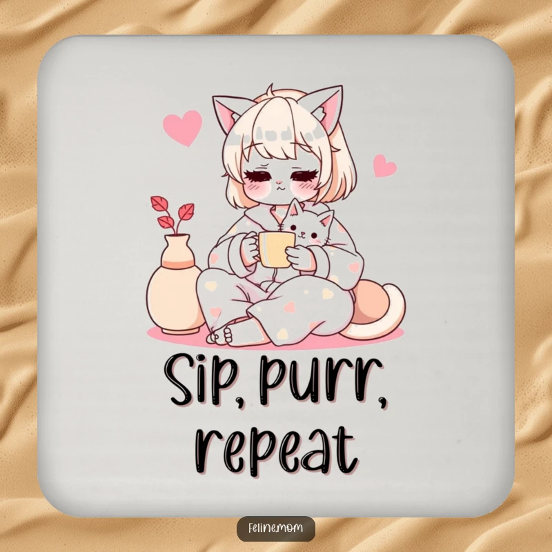Funny coaster depicting a cat lady in pajamas sharing tea with her cat, protecting surfaces with humor.