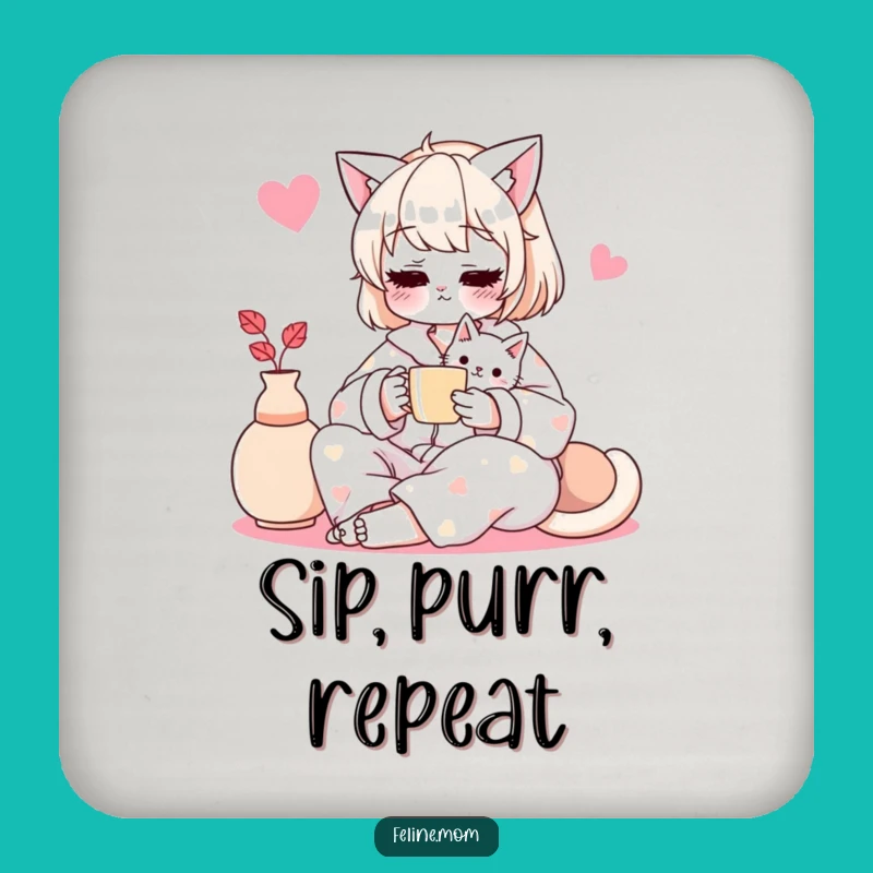 Funny Cat Lady Coaster: Cozy Pajama Tea Time Protection, Humorous Home Decor