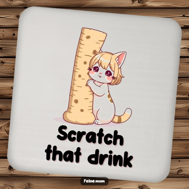 Funny illustration of a cat lady with a giant scratching post as her companion, on coasters.