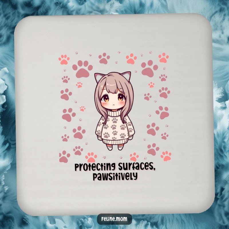 Funny coasters featuring a cozy sweater pattern with cat paw prints, protecting surfaces with a humorous and stylish design for cat fans.