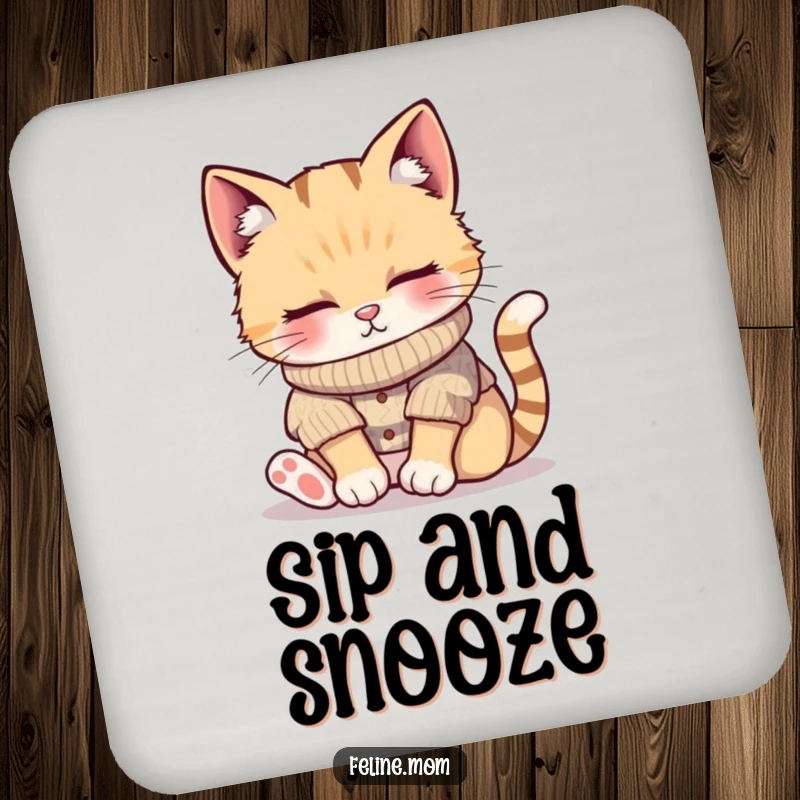 Funny drink coaster with a cat in a knitted sweater, napping peacefully in a sunbeam, perfect for adding tranquility and humor, great gift.