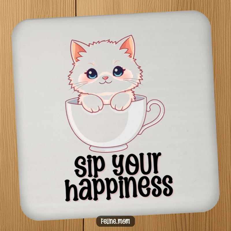 Funny Fluffy Cat Teacup Coaster: A cute white cat rests in a large teacup, adding charm and protecting your furniture.