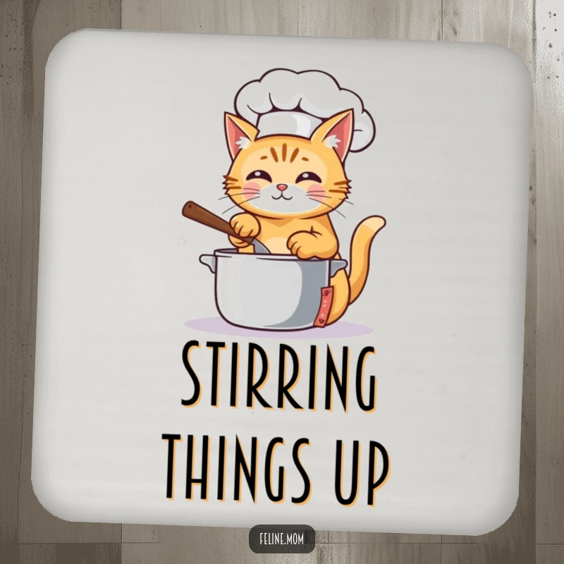 Funny Coaster with a ginger cat chef in a hat, stirring a pot, adding a humorous culinary accent.