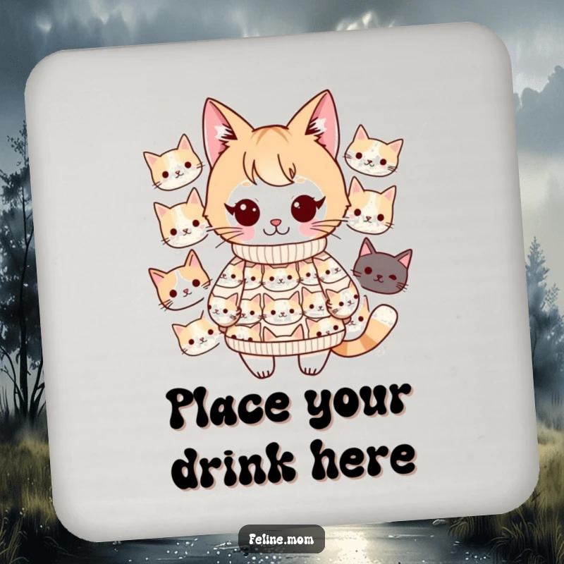Funny Kawaii cat lady character in a cat-face sweater on a set of decorative drink coasters. Protects surfaces with charm.