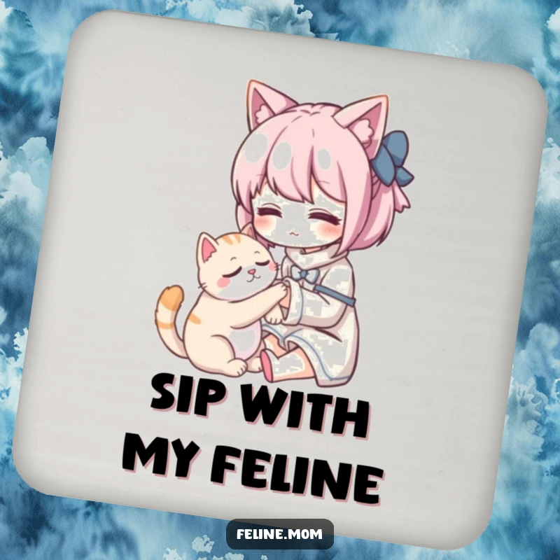 Funny Kawaii cat lady character gently petting a purring cat, on a set of decorative drink coasters. Protects tables with charm.