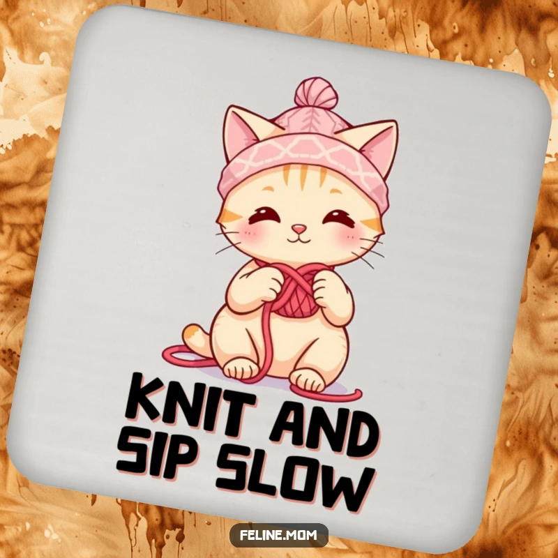 Funny cute cat wearing a yarn hat, knitting, protecting surfaces with charm, a funny gift.