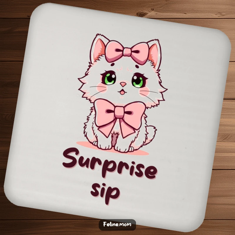 Funny drink coaster with a fluffy cat looking surprised, wearing a large bow, ideal for table protection.