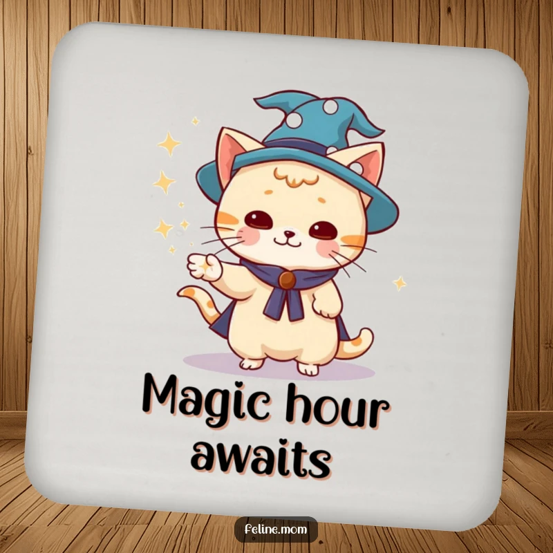 Funny wizard cat wearing a wizard hat, conjuring dust over a drink, protective coaster, magical, funny gift.