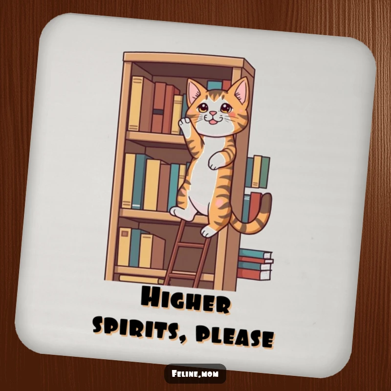 Funny determined tabby cat climbing a bookshelf, protecting surfaces with charm, a funny gift.