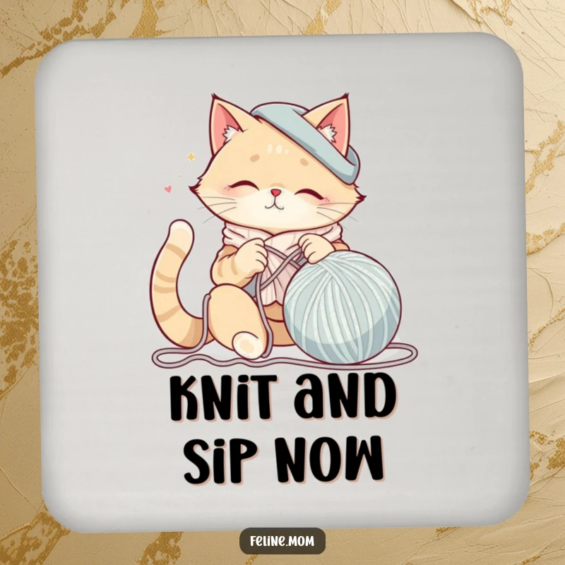 Funny cat lady knitting a giant ball of yarn adorns these drink coasters, offering protection with a humorous and crafty touch.