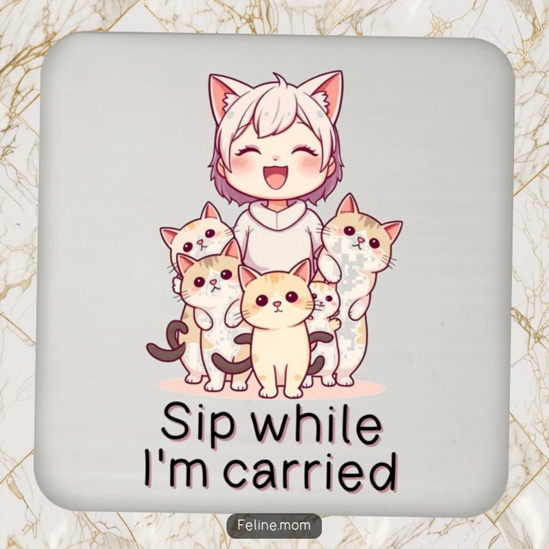 Funny cat lady being carried by several cats adorns these drink coasters, offering protection with a humorous and whimsical feline theme.