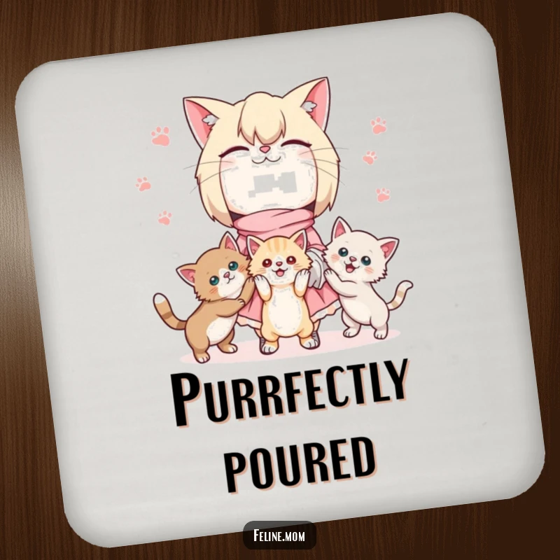Kawaii cat lady coaster featuring a cute character juggling three playful kittens, protecting tables with adorable feline flair.