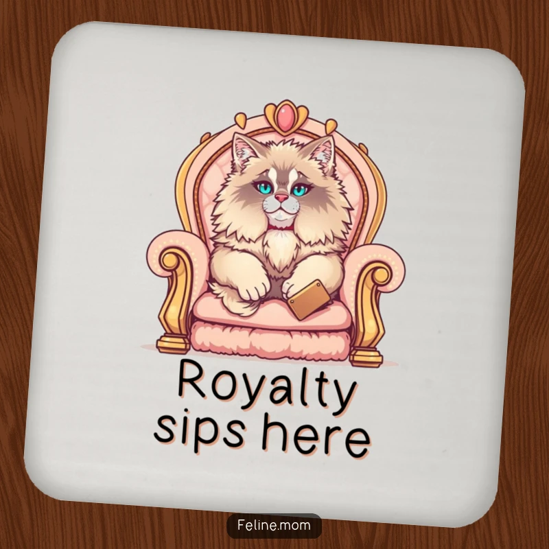 Funny Maine Coon coaster showing a fluffy cat elegantly seated on a luxurious throne, protecting surfaces with hilarious, regal charm.