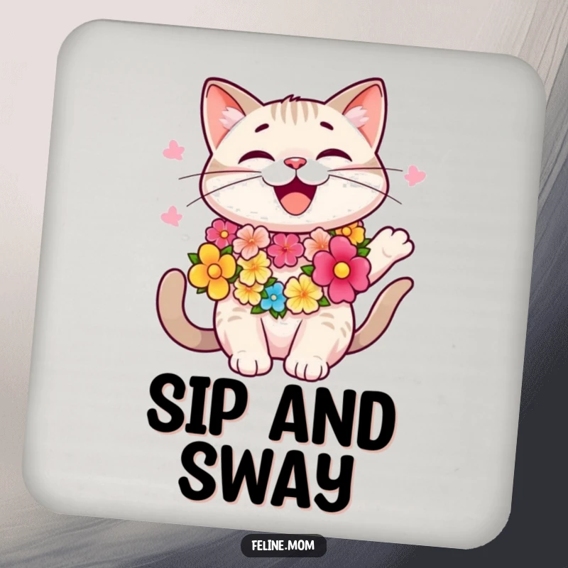 Funny happy cat wearing a colorful lei, swaying, tropical coaster, table decor, island flair, funny gift.