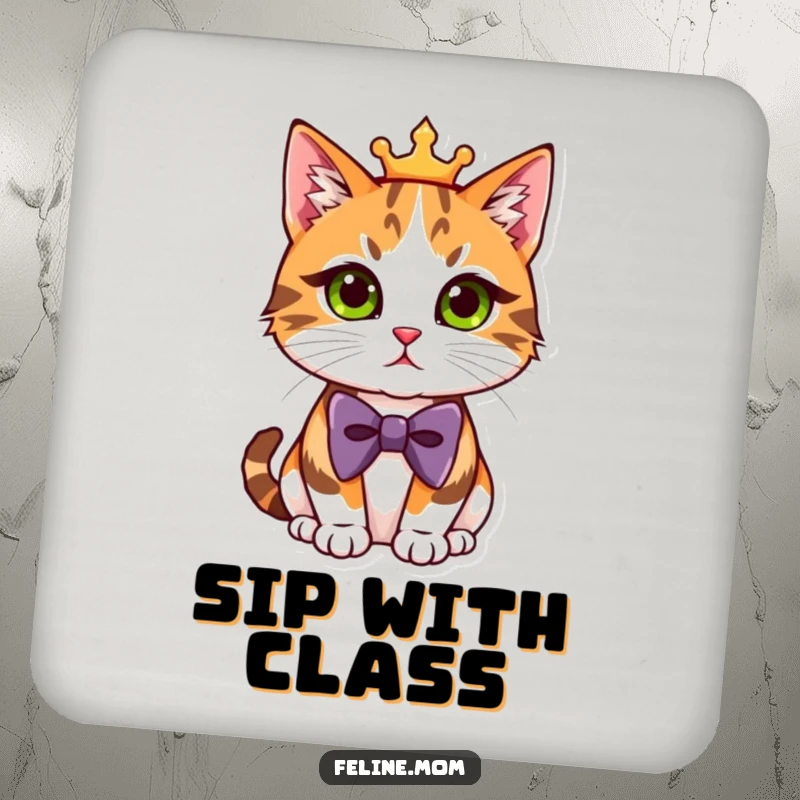 Funny Coaster featuring a regal calico cat in a smart bowtie, protecting furniture with sophisticated, humorous flair.