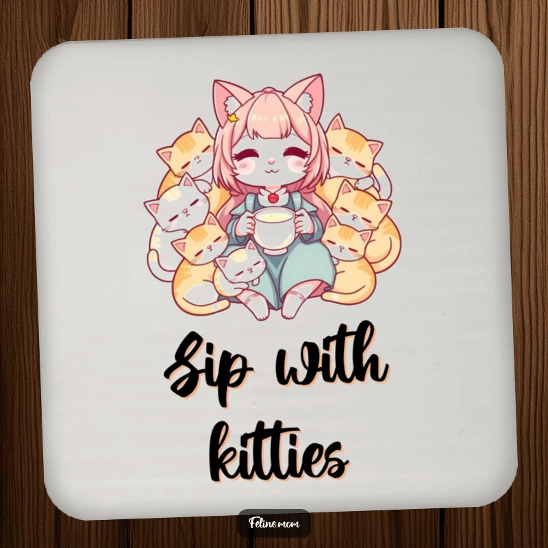 Funny coaster depicting a cat lady with sleeping cats, protecting furniture with feline peace.