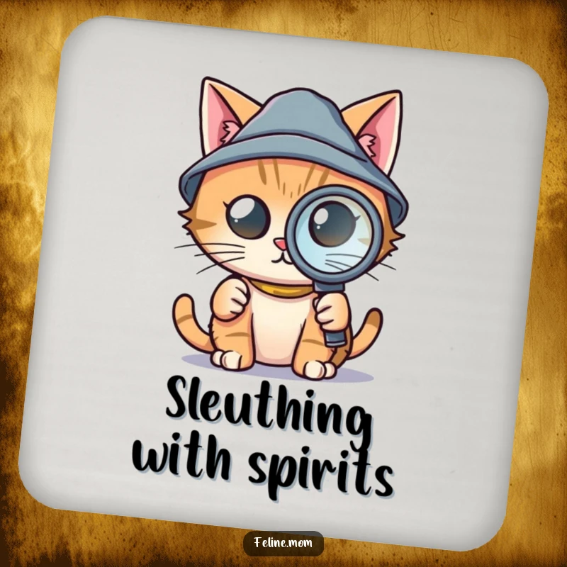 Funny drink coaster with a cat wearing a tiny detective hat and holding a magnifying glass, perfect for adding mystery and humor, great gift.