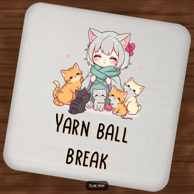 Funny Kawaii cat lady character draped in yarn with playful cats, on a set of decorative drink coasters. Protects tables with charm.