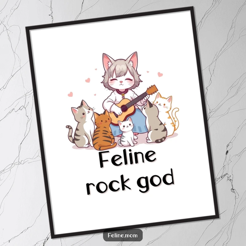 Funny Poster: A cat lady strums a tiny guitar, creating music for an audience of attentive and relaxed cats.