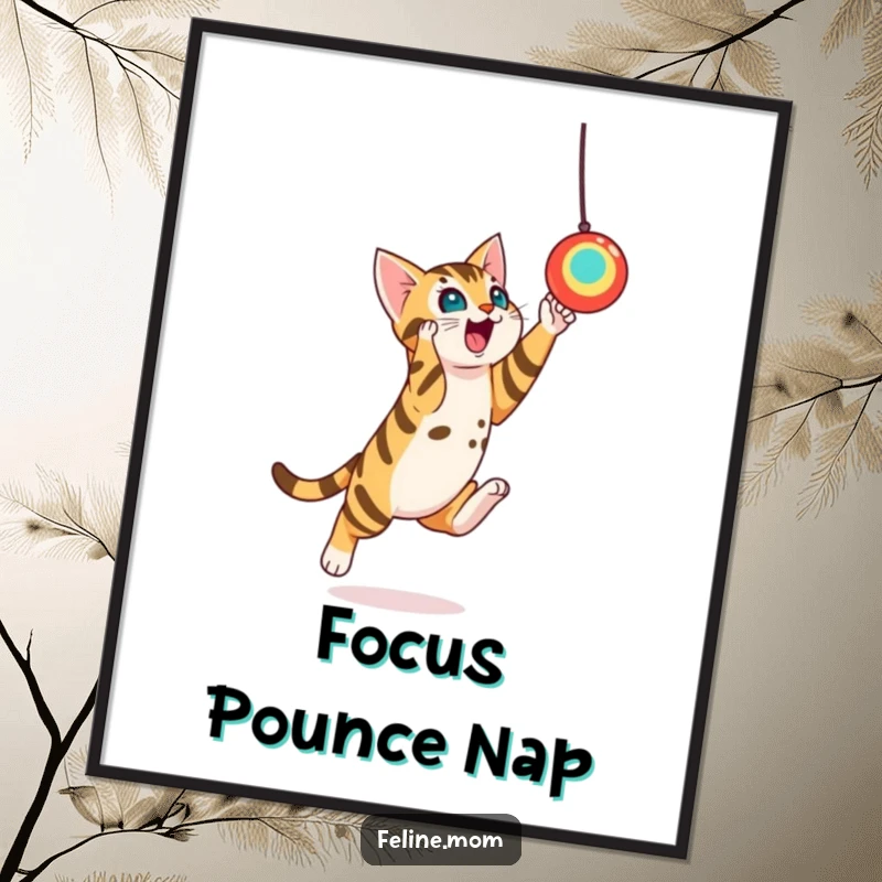 Funny Bengal Cat Toy Leap Poster: A Bengal cat is captured mid-leap, reaching for a suspended toy with playful determination.