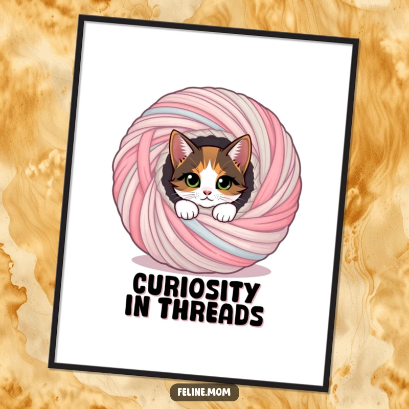 Funny curious calico cat peeking from a huge ball of yarn, artistic and a funny gift.