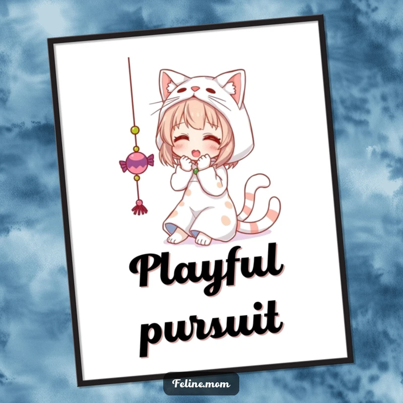 Funny poster showing a woman in a cat costume playfully attacking a dangling toy. Hilarious feline-inspired art.