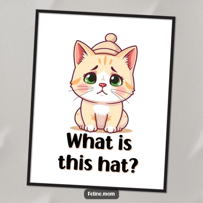 Funny Poster: A confused cat wearing a tiny, silly hat, looking adorably lost in thought.