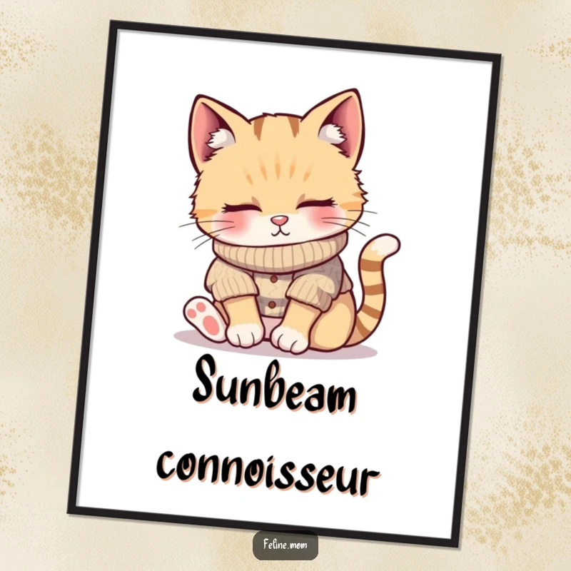 Funny poster art of a cat in a cozy knitted sweater, sleeping soundly in a warm sunbeam, radiating peace and comfort, a perfect funny gift.