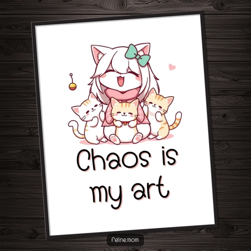 Funny Kawaii Cat Lady Poster displaying a cute character watching cats actively batting at a dangling toy, adding cheer to any room.