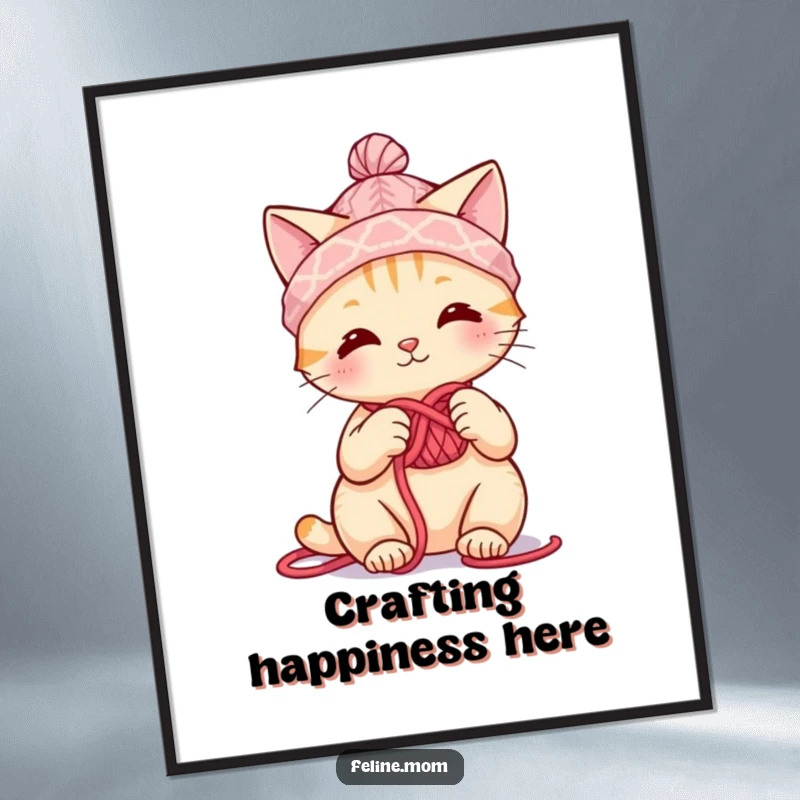 Funny cute cat character in a tiny yarn hat, knitting a project, a charming art piece and funny gift.