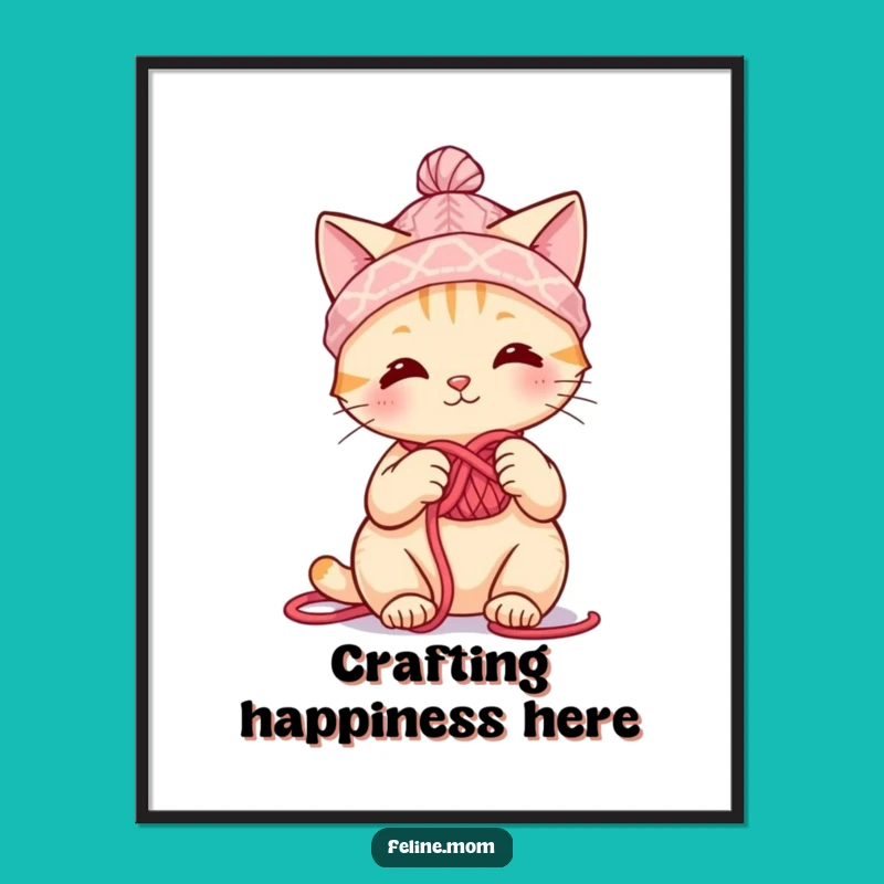 Funny Knitting Cat Art Print: Cute Yarn Hat Crafter Poster