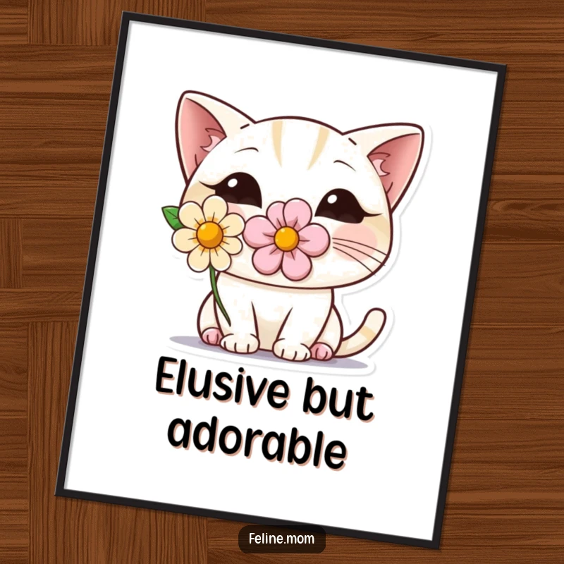 Funny wall art poster featuring a shy cat with a flower, peeking out shyly. This whimsical illustration adds humor and charm to any space.