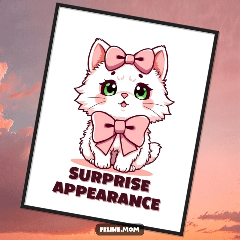 Funny poster print of a fluffy cat with wide eyes, wearing a giant bow, showcasing surprise, great gift.